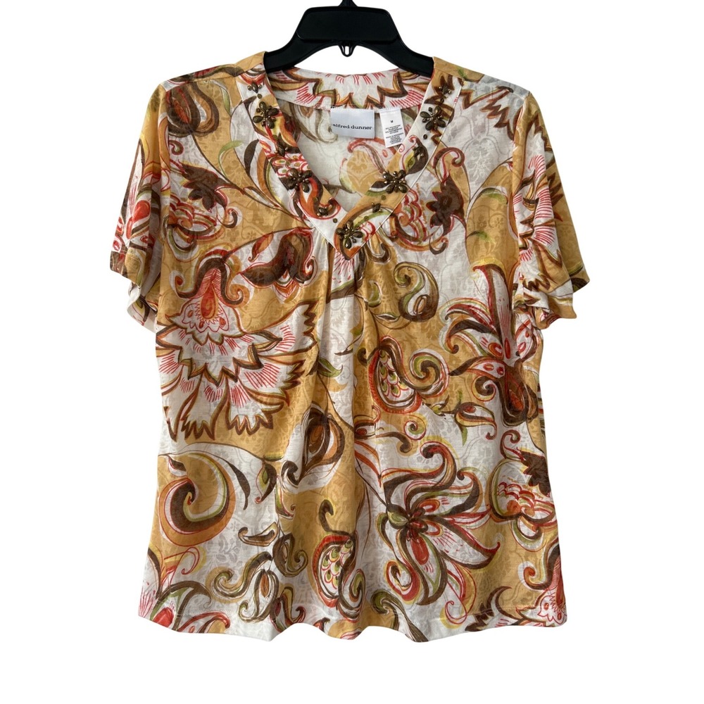Alfred Dunner Womens Paisley Floral Beaded V-Neck Top Yellow Orange Brown Size M